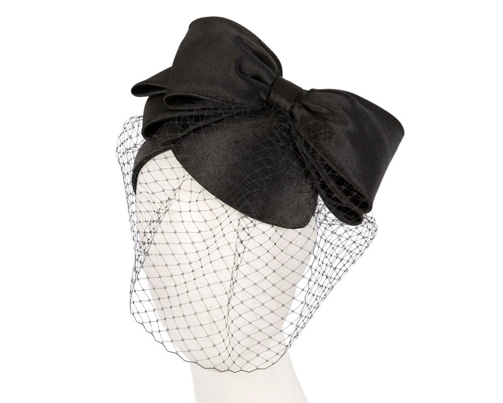 Black satin fascinator with big bow & veil by Max Alexander